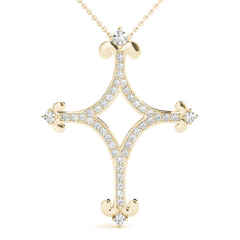 Yellow gold Pavé Diamond Cushion Cross Pendant with Fleur-de-Lis Prongs