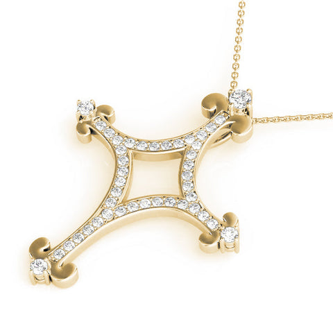 Yellow gold Pavé Diamond Cushion Cross Pendant with Fleur-de-Lis Prongs