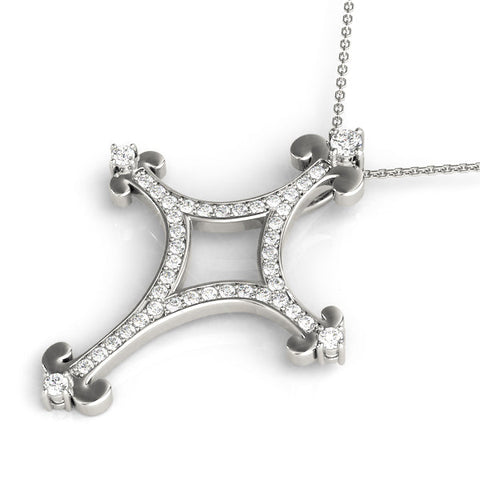 White gold Pavé Diamond Cushion Cross Pendant with Fleur-de-Lis Prongs