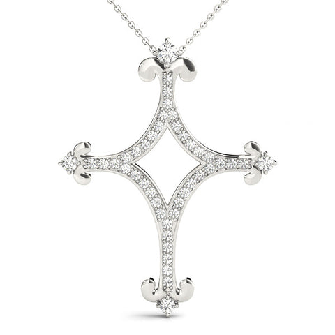 White gold Pavé Diamond Cushion Cross Pendant with Fleur-de-Lis Prongs