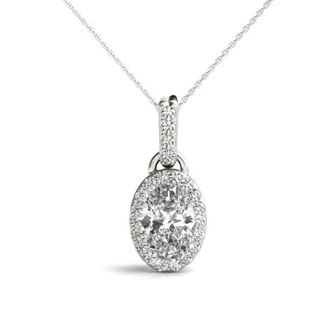 White gold Oval Halo Diamond Pendant with Pavé Prong Setting