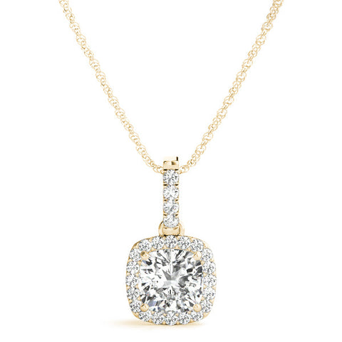 Yellow gold Cushion Halo Diamond Pendant with Prong Setting