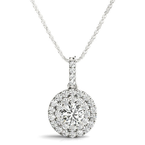 White gold Round Double Halo Diamond Pendant with Pavé Setting