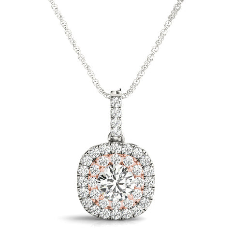 Rose gold Double Halo Round Diamond Pendant with Pavé Setting and Prong Setting