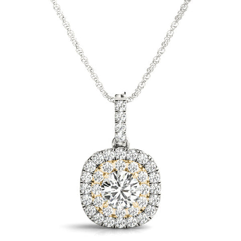 Yellow gold Double Halo Round Diamond Pendant with Pavé Setting and Prong Setting