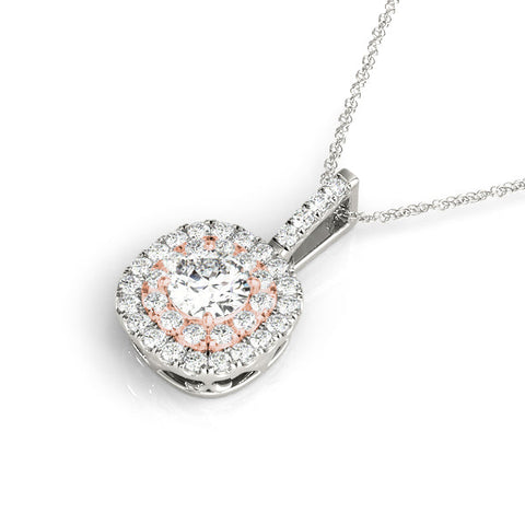 Rose gold Double Halo Round Diamond Pendant with Pavé Setting and Prong Setting