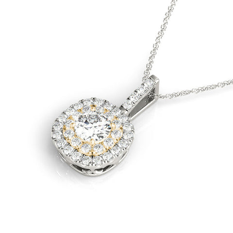 Yellow gold Double Halo Round Diamond Pendant with Pavé Setting and Prong Setting