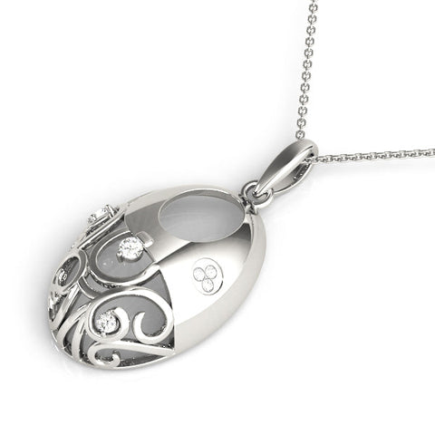 White gold Oval Filigree Pendant with Round Diamond Prong Setting