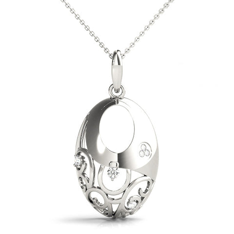 White gold Oval Filigree Pendant with Round Diamond Prong Setting