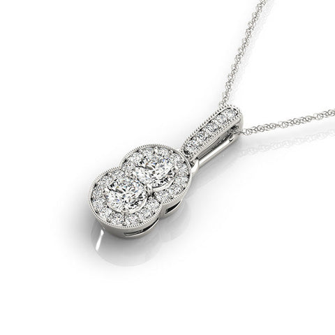 White gold Double Halo Round Diamond Pendant with Pavé Setting