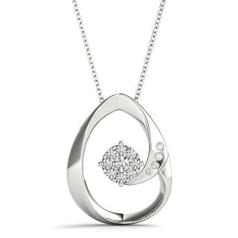 White gold Round Cluster Diamond Prong-Set Teardrop Pendant