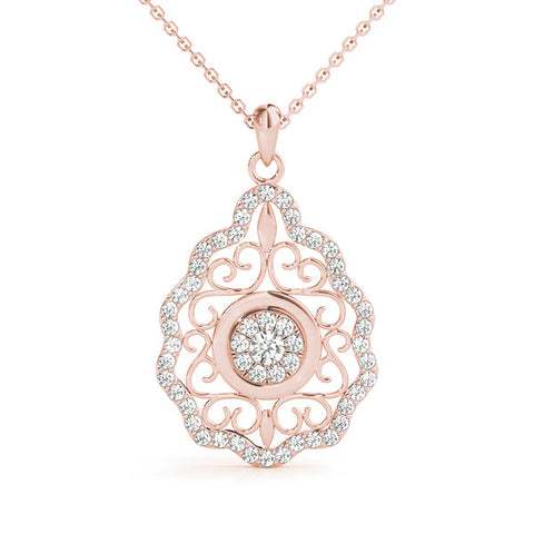 Rose gold Round Diamond Halo Pendant with Filigree Design