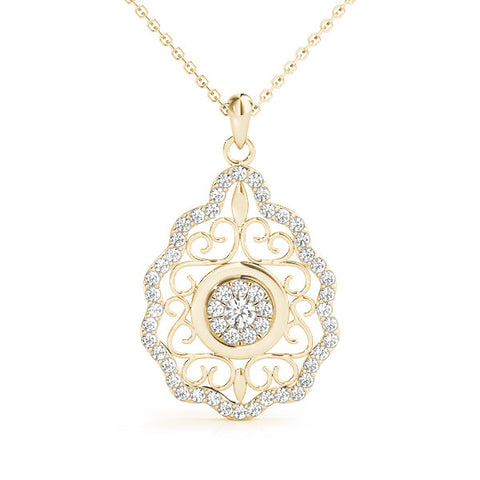 Yellow gold Round Diamond Halo Pendant with Filigree Design