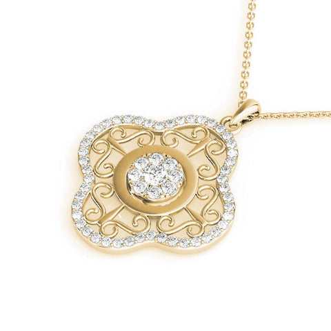 Yellow gold Round Cluster Diamond Pendant with Pavé and Scroll Prong Setting