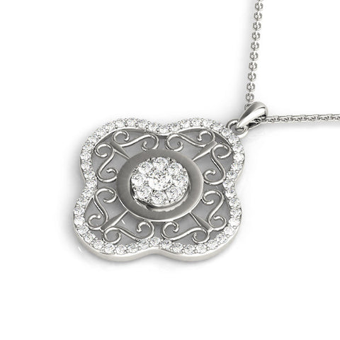 White gold Round Cluster Diamond Pendant with Pavé and Scroll Prong Setting