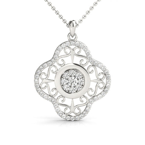 White gold Round Cluster Diamond Pendant with Pavé and Scroll Prong Setting