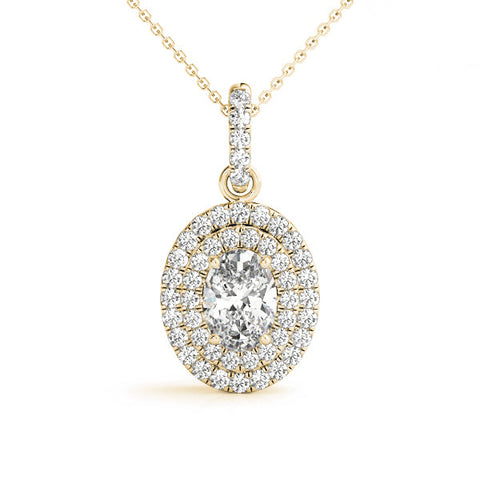 Yellow gold Oval Double Halo Diamond Pendant with Prong Setting