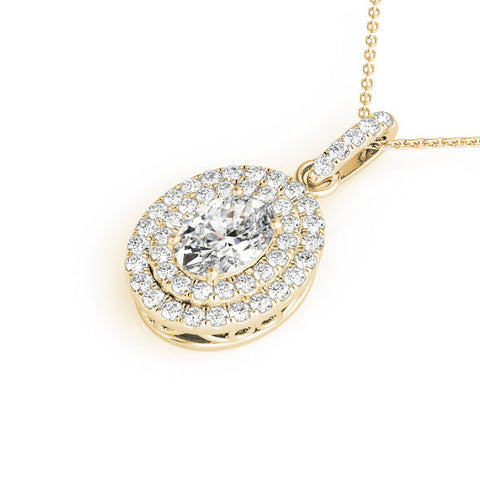 Yellow gold Oval Double Halo Diamond Pendant with Prong Setting
