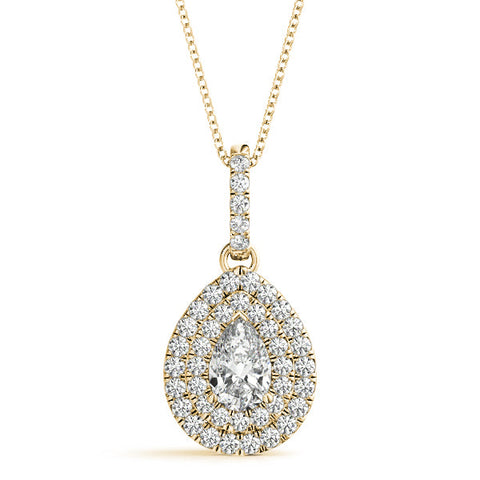 Yellow gold Double Halo Pear Diamond Pendant with Pavé Setting