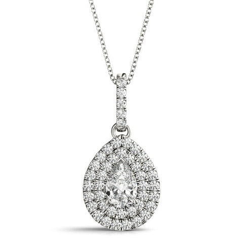 White gold Double Halo Pear Diamond Pendant with Pavé Setting