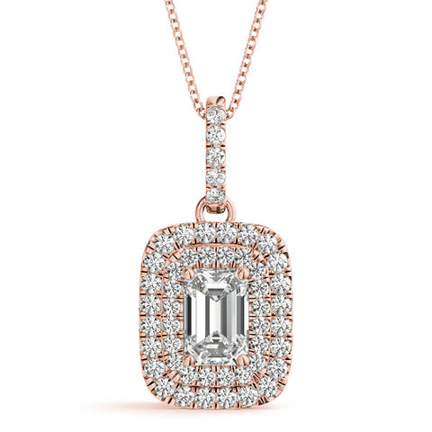 Rose gold Emerald Cut Double Halo Diamond Pendant with Prong Setting