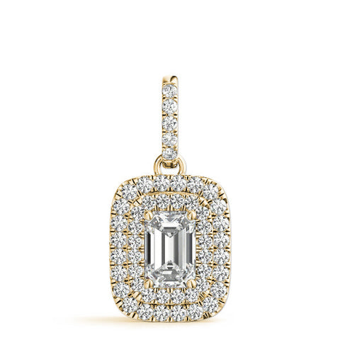 Yellow gold Emerald Cut Double Halo Diamond Pendant with Prong Setting