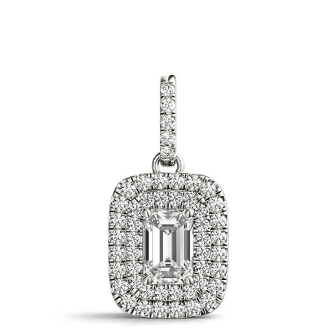 White gold Emerald Cut Double Halo Diamond Pendant with Prong Setting