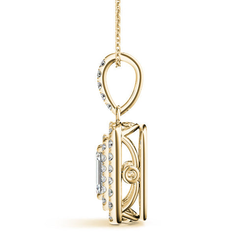 Yellow gold Emerald Cut Double Halo Diamond Pendant with Prong Setting