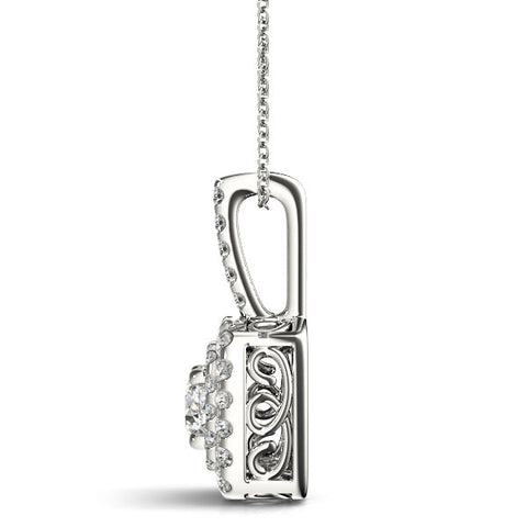 White gold Cushion Halo Diamond Pendant with Round Brilliant Stone and Four-Prong Setting