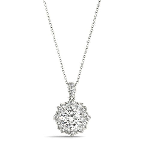 White gold Round Diamond Halo Pendant with Milgrain Prong Setting