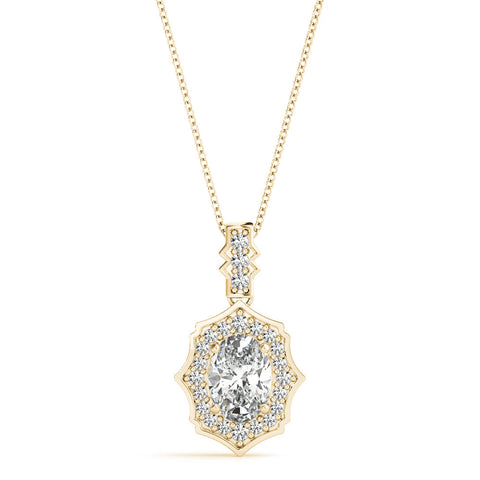 Yellow gold Oval Diamond Halo Pendant with Milgrain Prong Setting