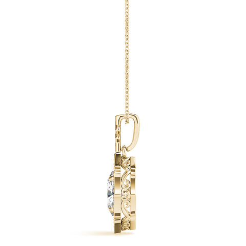 Yellow gold Oval Diamond Halo Pendant with Milgrain Prong Setting