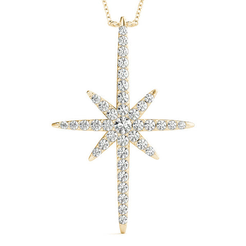 Yellow gold Pavé Round Diamond Starburst Pendant with Prong Setting