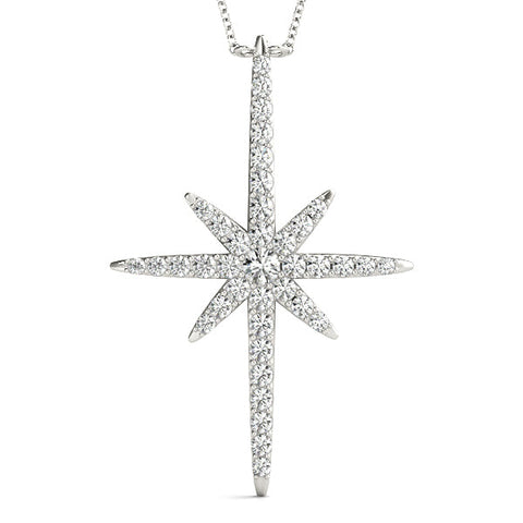 White gold Pavé Round Diamond Starburst Pendant with Prong Setting