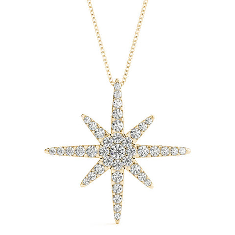 Yellow gold Pavé Round Diamond Starburst Pendant with Four-Prong Setting