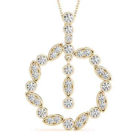 Yellow gold Round and Marquise Cut Diamond Milgrain Halo Pendant