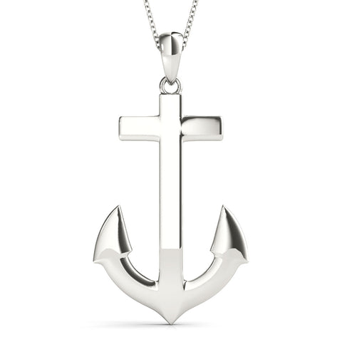White gold Silver Anchor Pendant with Round Diamond Bezel Setting