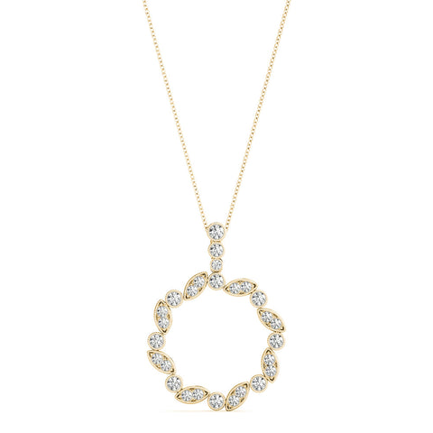 Yellow gold Round and Marquise Diamond Circle Pendant with Bezel and Prong Setting