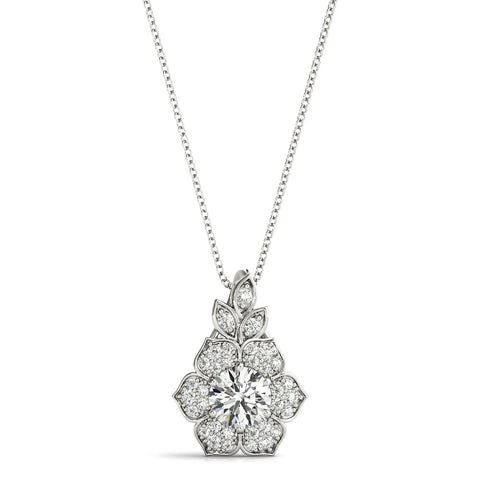 White gold Round Brilliant Flower Cluster Pendant with Prong Setting