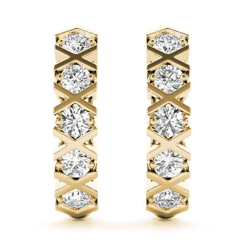Yellow gold Round Diamond Criss-Cross Prong Hoop Earrings