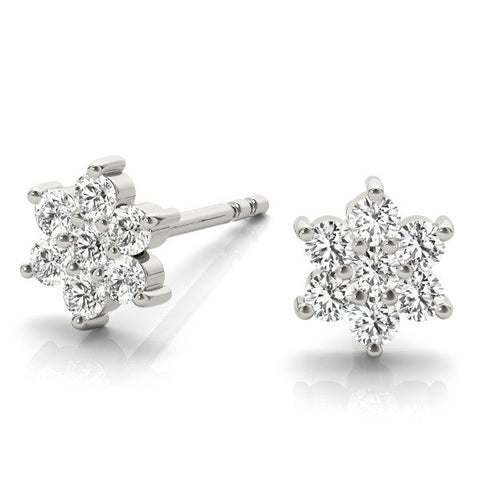 White gold Cluster Round Diamond Stud Earrings with Butterfly Backing