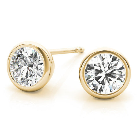 Yellow gold Bezel Set Round Diamond Stud Earrings with Push Back