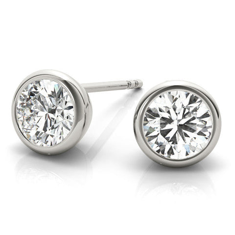 White gold Bezel Set Round Diamond Stud Earrings with Push Back