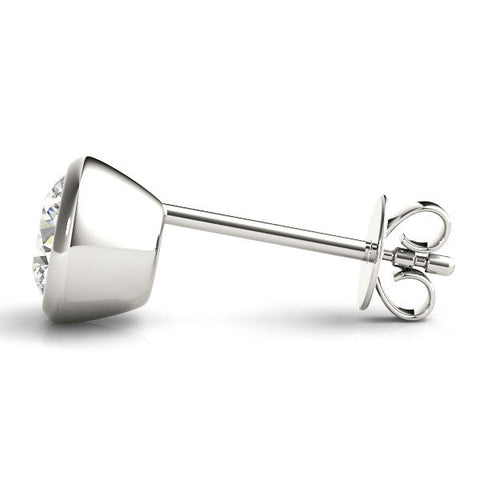 White gold Bezel Set Round Diamond Stud Earrings with Push Back