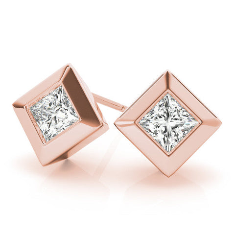 Rose gold Princess Cut Bezel Set Diamond Stud Earrings