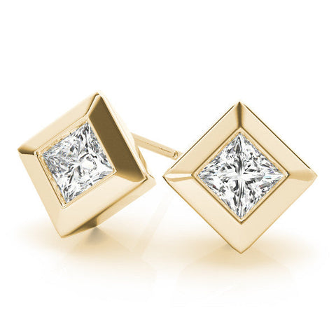 Yellow gold Princess Cut Bezel Set Diamond Stud Earrings