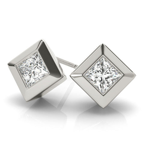 White gold Princess Cut Bezel Set Diamond Stud Earrings