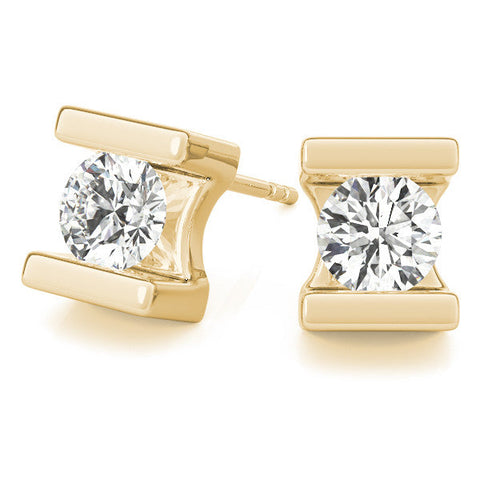 Yellow gold Bar Set Round Diamond Stud Earrings in White Gold