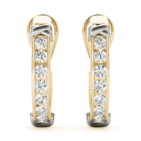 Yellow gold Channel-Set Round Diamond Two-Tone Hoop Earrings with Claw Prong Setting