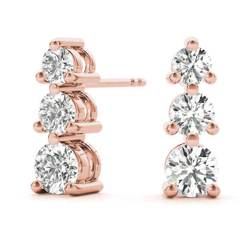 Rose gold Three-Stone Round Diamond Prong-Set Drop Earrings